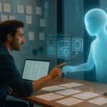 Designer collaborates with holographic AI on wireframes in a modern studio; sticky notes and arrows indicate an iterative, human-centred process.